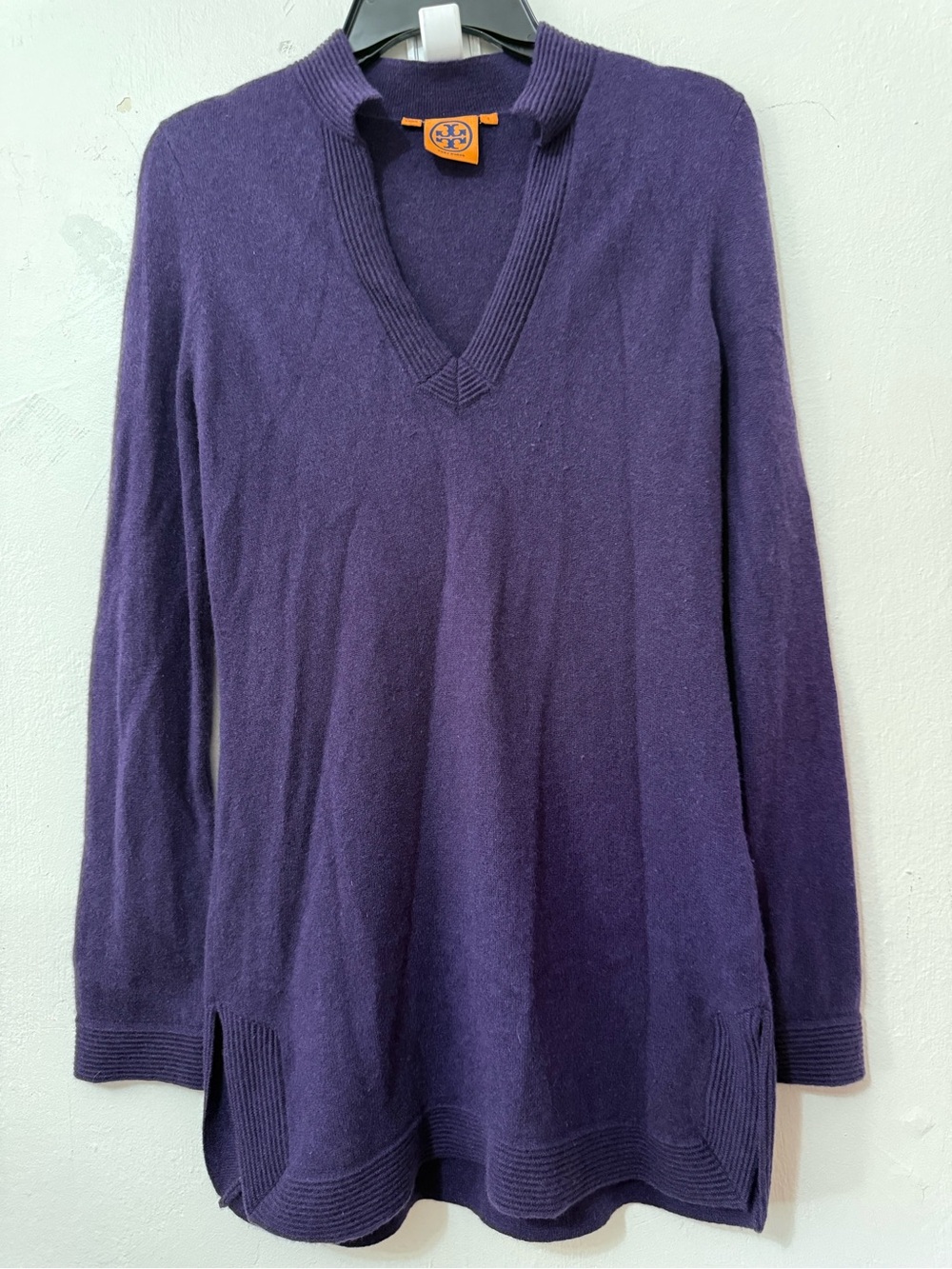 Tory Burch Womens Purple 100% Cashmere Split V-Neck Tunic Sweater Size Small